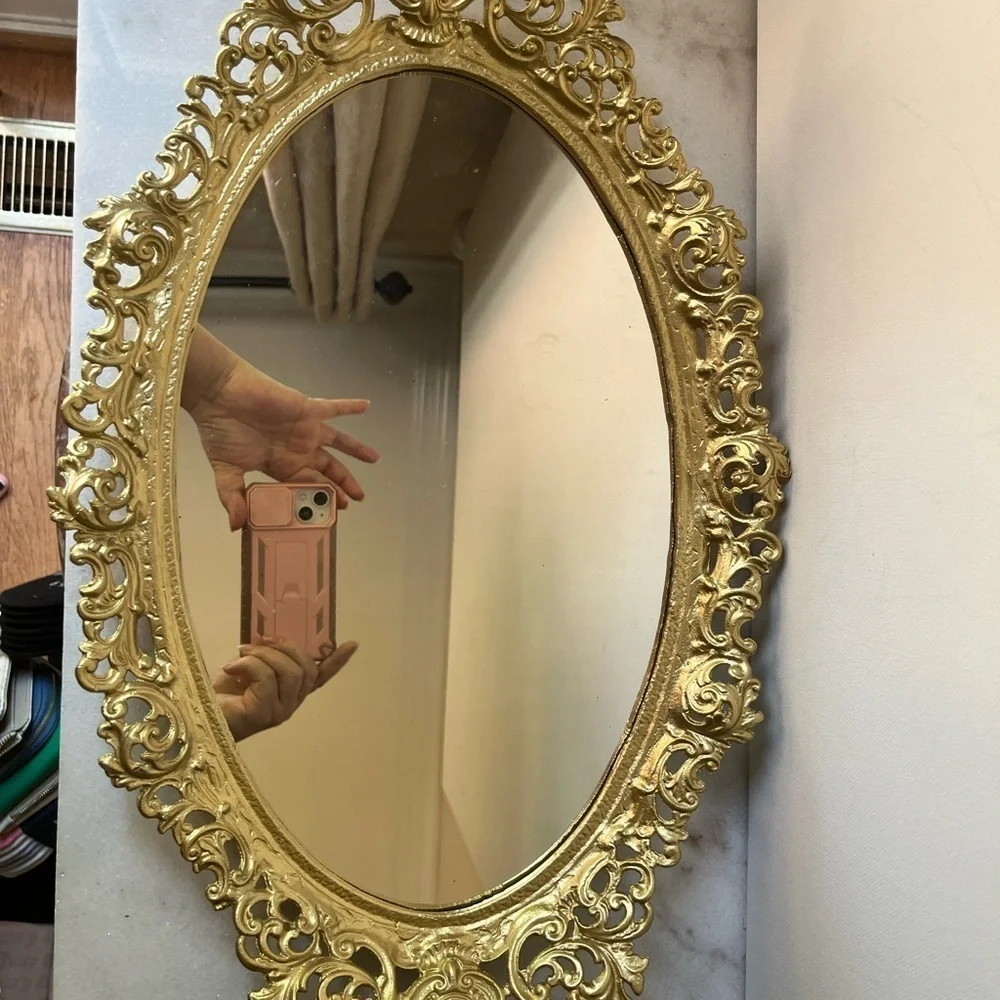 Vintage gold ornate oval wall mirror or vanity tray by Robert Emig 1960